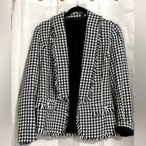 Rafaella Houndstooth Open Blazer Fringe Trim Faux Pearl Button Accents